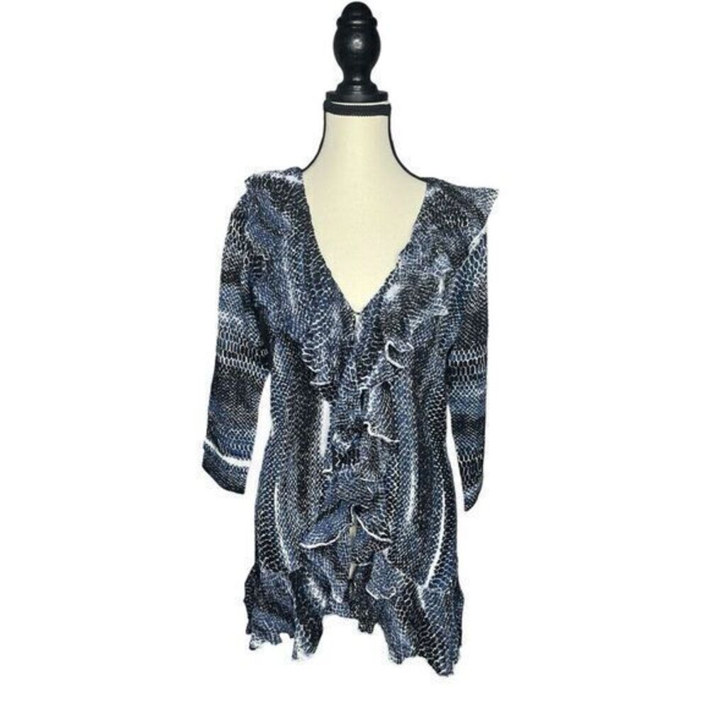 Alberto Makali Long Ruffled Cardigan Tunic Women's L‎ Blue  Boho Cottagecore
